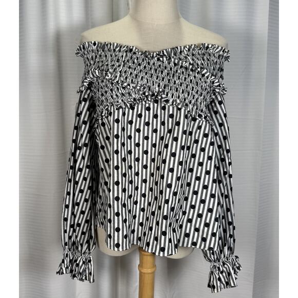 Anna October Tops - Anna October Smocked Off Shoulder Top Blouse Polka Dot Long Sleeve Women Size S